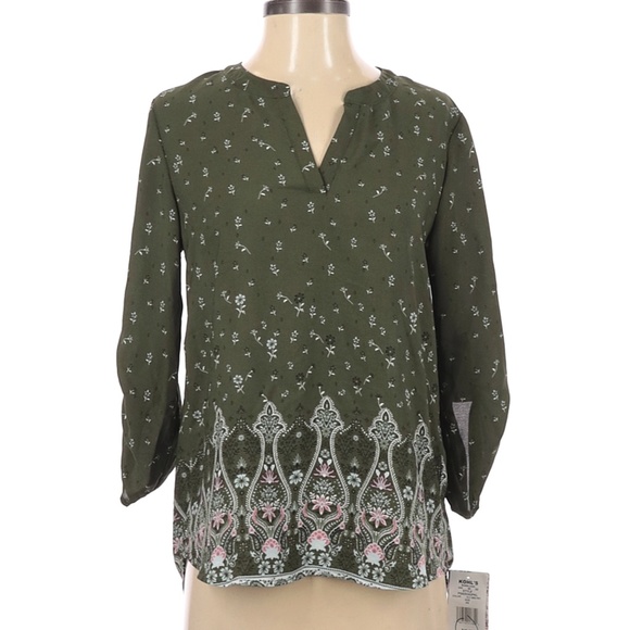 Pink Republic 3?4 Tab Sleeve Blouse Size XS  Green Floral Print High Low - Picture 1 of 6